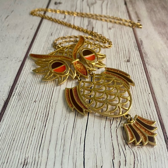 Jewelry - Vintage 1970s Articulated Owl Pendant Necklace – 5” Statement, Orange & Brown